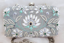 Load image into Gallery viewer, Bridal box clutch in gray and white, wedding minaudiere clutch bag  in gray velvet embroidered with white lotus flowers, zardozi purse.
