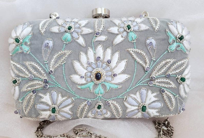 Bridal box clutch in gray and white, wedding minaudiere clutch bag  in gray velvet embroidered with white lotus flowers, zardozi purse.