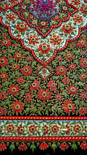 Load image into Gallery viewer, Large luxury hand embroidered red floral silk tapestry wall hanging with star rubies, zardozi jewel carpet wall art, framed, close up view of central medallion.
