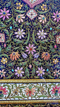Load image into Gallery viewer, Statement large exclusive luxury hand embroidered silk floral tapestry with star rubies, framed zardozi jewel carpet wall art, close up view of border.
