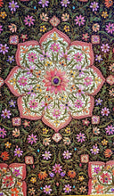 Load image into Gallery viewer, One of a kind, statement large exclusive luxury hand embroidered silk floral tapestry with star rubies, framed zardozi jewel carpet wall art.
