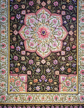 Load image into Gallery viewer, Large exclusive luxury hand embroidered silk floral tapestry with star rubies, framed zardozi jewel carpet wall art.
