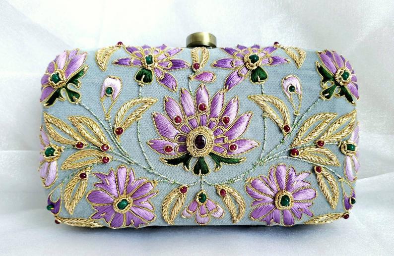 Luxury gray velvet box clutch minaudiere clutch bag with lavender silk embroidery and ruby gemstones. 