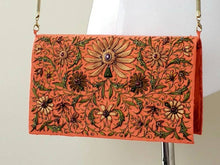 Load image into Gallery viewer, Hand embroidered orange designer silk handbag 

