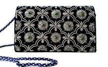 Load image into Gallery viewer, Navy blue velvet clutch bag embroidered with silver flowers and embellished with green onyx and garnet stones, cord strap, zardozi evening bag. 
