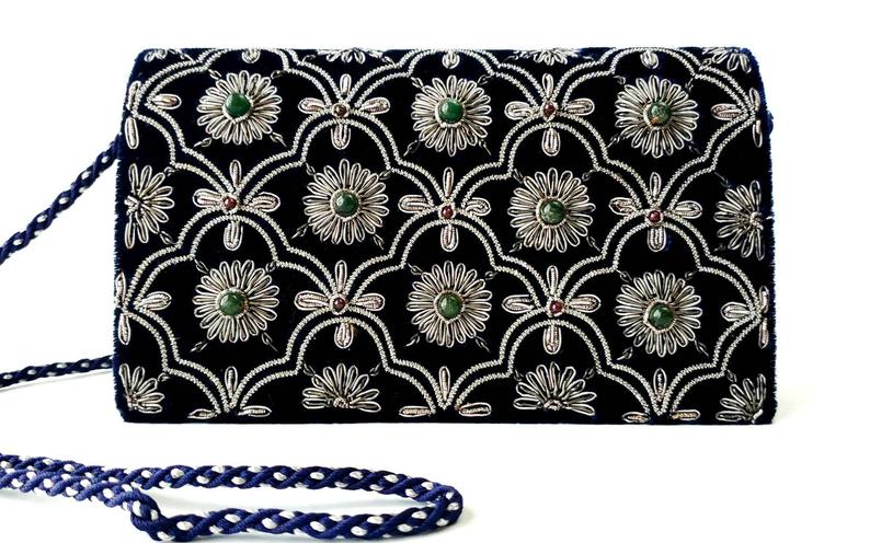 Navy blue velvet clutch bag embroidered with silver flowers and embellished with green onyx and garnet stones, cord strap, zardozi evening bag. 