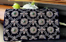 Load image into Gallery viewer, Hand embroidered navy blue velvet purse with antique silver flowers and green onyx and garnet gemstones. 
