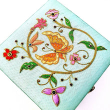Load image into Gallery viewer, Blue silk jewelry box gift box embroidered with orange butterfly and flowers, zardozi box. 
