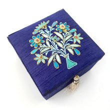 Load image into Gallery viewer, Small square navy silk gift box jewelry box embroidered with blue flowers, zardozi box.
