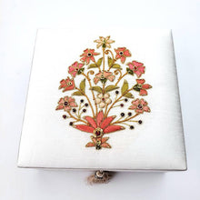 Load image into Gallery viewer, Hand embroidered white silk bridal keepsake box with orange flowers and ruby. 
