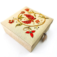 Load image into Gallery viewer, Gold silk jewelry box gift box embroidered with red butterfly and flowers, zardozi box.
