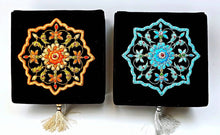 Load image into Gallery viewer, Two black velvet luxury keepsake boxes, trinket boxes, memory boxes, hand embroidered with orange or blue flowers and rubies, zardozi box.

