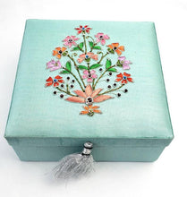 Load image into Gallery viewer, Blue silk wedding gift box embroidered with multicolor flowers, zardozi box. 
