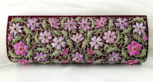 Load image into Gallery viewer, Burgundy maroon silk zardozi evening bag clutch embroidered with pink and purple flowers and embellished with star rubies, back view
