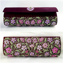 Load image into Gallery viewer, Burgundy maroon silk zardozi evening bag clutch embroidered with pink and purple flowers and embellished with star rubies, front and back view
