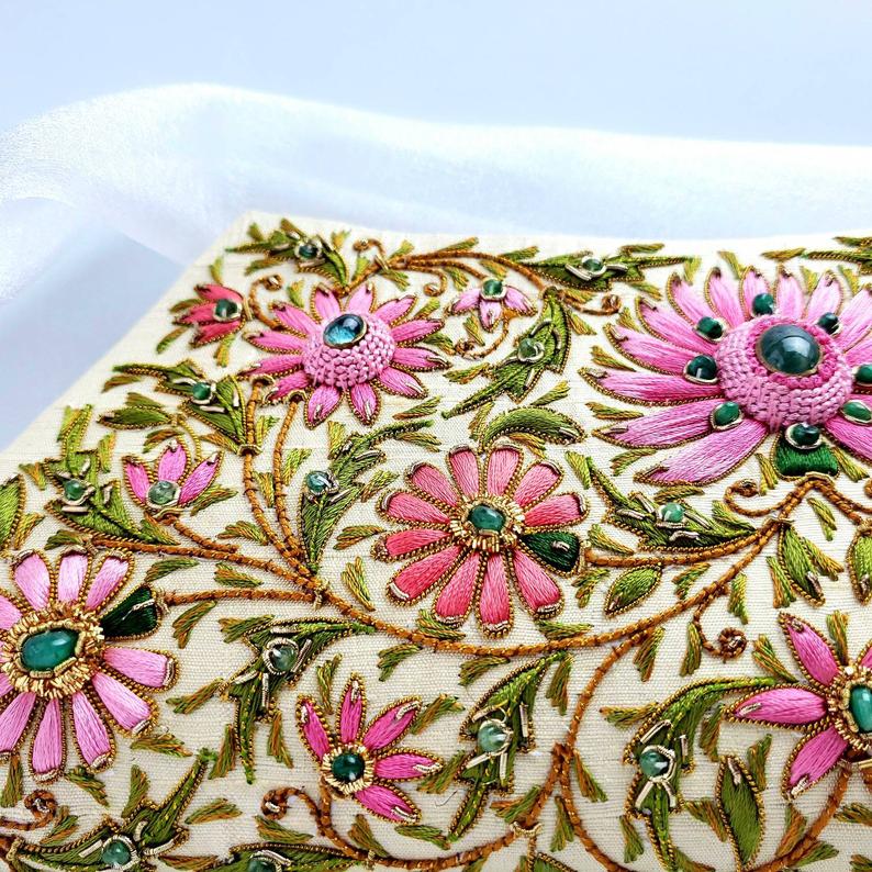 Embroidered Pink Floral Silk Clutch Bag with Emeralds