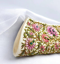 Load image into Gallery viewer, Luxury hand embroidered pink floral clutch bag on light gold silk, embellished with emeralds, zardozi handbag, side view. 
