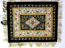 Load image into Gallery viewer, Small silk embroidered floral tapestry, multicolor silk flowers embroidered on black velvet in a carpet pattern, zardozi carpet tapestry.
