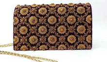 Load image into Gallery viewer, Luxury purple velvet evening bag embroidered with copper flowers and embellished with tiger eye and garnets, zardozi purse.
