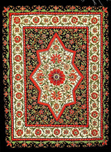 Load image into Gallery viewer, Jewel carpet embroidered wall hanging with red flowers on black and cream velvet with central star ruby, zardozi wall tapestry.
