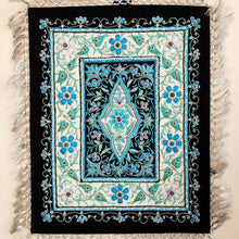 Load image into Gallery viewer, Embroidered blue jewel carpet wall hanging in floral pattern, embroidered turquoise blue flowers on black velvet tapestry, zardozi tapestry.
