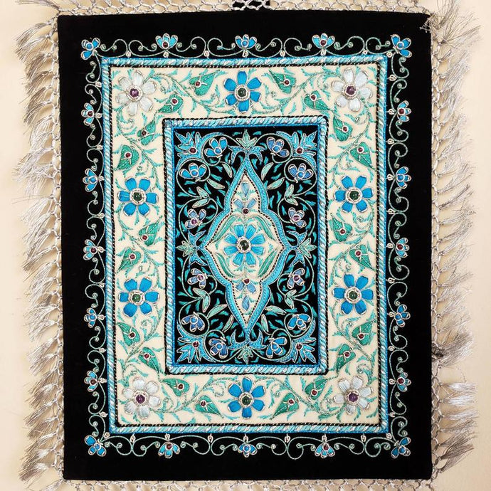 Embroidered turquoise blue jewel carpet wall hanging in floral pattern, embroidered turquoise blue flowers on black velvet tapestry, zardozi tapestry.