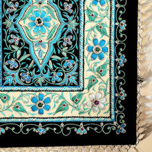 Load image into Gallery viewer, Embroidered turquoise blue jewel carpet wall hanging in floral pattern, embroidered turquoise blue flowers on black velvet tapestry, zardozi tapestry, close up view.
