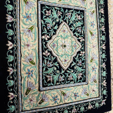 Load image into Gallery viewer, Embroidered gray floral tapestry, embroidered gray silk flowers on black velvet, zardozi jewel carpet tapestry, side view.

