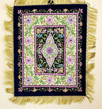 Load image into Gallery viewer, Embroidered lavender purple jewel carpet wall hanging in floral pattern, embroidered purple and pink flowers on black velvet tapestry, zardozi tapestry.
