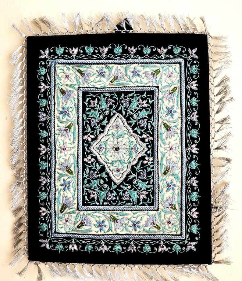 Embroidered gray floral tapestry, embroidered gray silk flowers on black velvet, zardozi jewel carpet tapestry.