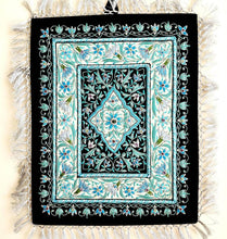Load image into Gallery viewer, Embroidered blue silk floral tapestry, embroidered silk turquoise blue flowers on black velvet, zardozi jewel carpet tapestry.
