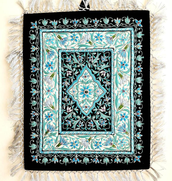 Embroidered blue floral tapestry, Turquoise blue silk flowers embroidered on black velvet, zardozi jewel carpet tapestry.