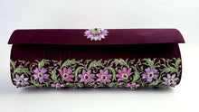Load image into Gallery viewer, Maroon purple zardozi embroidered silk clutch bag with all over purple and pink floral design and embellished with emerald and star rubies.
