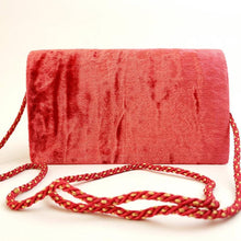 Load image into Gallery viewer, Luxury red velvet evening bag embroidered with gold peacock, zardozi purse, back view. 

