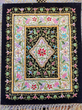Load image into Gallery viewer, Small silk embroidered floral tapestry, multicolor silk flowers embroidered on black velvet in a carpet pattern, zardozi carpet tapestry.
