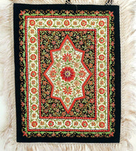 Load image into Gallery viewer, Jewel carpet embroidered wall hanging with red flowers on black and cream velvet with central star ruby, zardozi wall tapestry.
