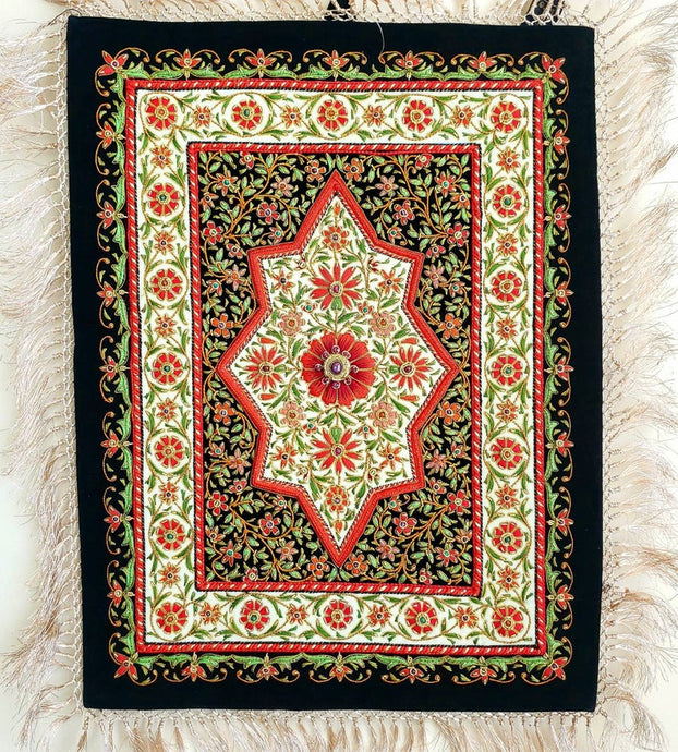 Jewel carpet embroidered wall hanging with red flowers on black and cream velvet with central star ruby, zardozi wall tapestry.