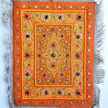 Load image into Gallery viewer, Hand embroidered orange Jewel carpet wall hanging, orange flowers embroidered on orange velvet, inlaid with tiger eye stones, zardozi tapestry.
