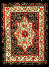 Load image into Gallery viewer, Jewel carpet embroidered wall hanging with red flowers on black and cream velvet with central star ruby, zardozi wall tapestry, close up view.
