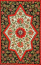 Load image into Gallery viewer, Jewel carpet embroidered wall hanging with red flowers on black and cream velvet with central star ruby, zardozi wall tapestry, close up view. 

