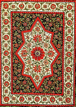 Load image into Gallery viewer, Jewel carpet embroidered wall hanging with red flowers on black and cream velvet with central star ruby, zardozi wall tapestry, close up view.
