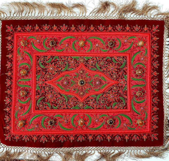 Hand embroidered Jewel carpet wall hanging, red flowers embroidered on burgundy red velvet, inlaid with agate stones, zardozi tapestry. 