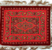 Load image into Gallery viewer, Embroidered red silk jewel carpet in floral pattern, red flowers embroidered on burgundy red velvet inlaid with agates, zardozi tapestry.
