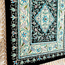 Load image into Gallery viewer, Embroidered blue floral tapestry, Turquoise blue silk flowers embroidered on black velvet, zardozi jewel carpet tapestry, side view. 
