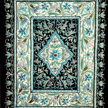 Load image into Gallery viewer, Embroidered blue floral tapestry, Turquoise blue silk flowers embroidered on black velvet, zardozi jewel carpet tapestry.
