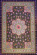 Load image into Gallery viewer, Large exclusive luxury hand embroidered silk floral tapestry with star rubies, framed zardozi jewel carpet wall art. 
