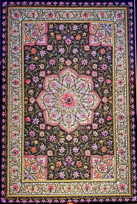 Large exclusive luxury hand embroidered silk floral tapestry with star rubies, framed zardozi jewel carpet wall art. 