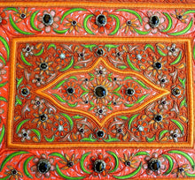 Load image into Gallery viewer, Embroidered jewel carpet wall hanging in orange floral pattern and tiger eye stones, embroidered orange silk flowers on orange velvet, zardozi tapestry, close up view.
