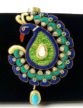 Load image into Gallery viewer, Colorful Indian peacock hand embroidered on black velvet clutch bag with turquoise stone and moonstone, close up view. 
